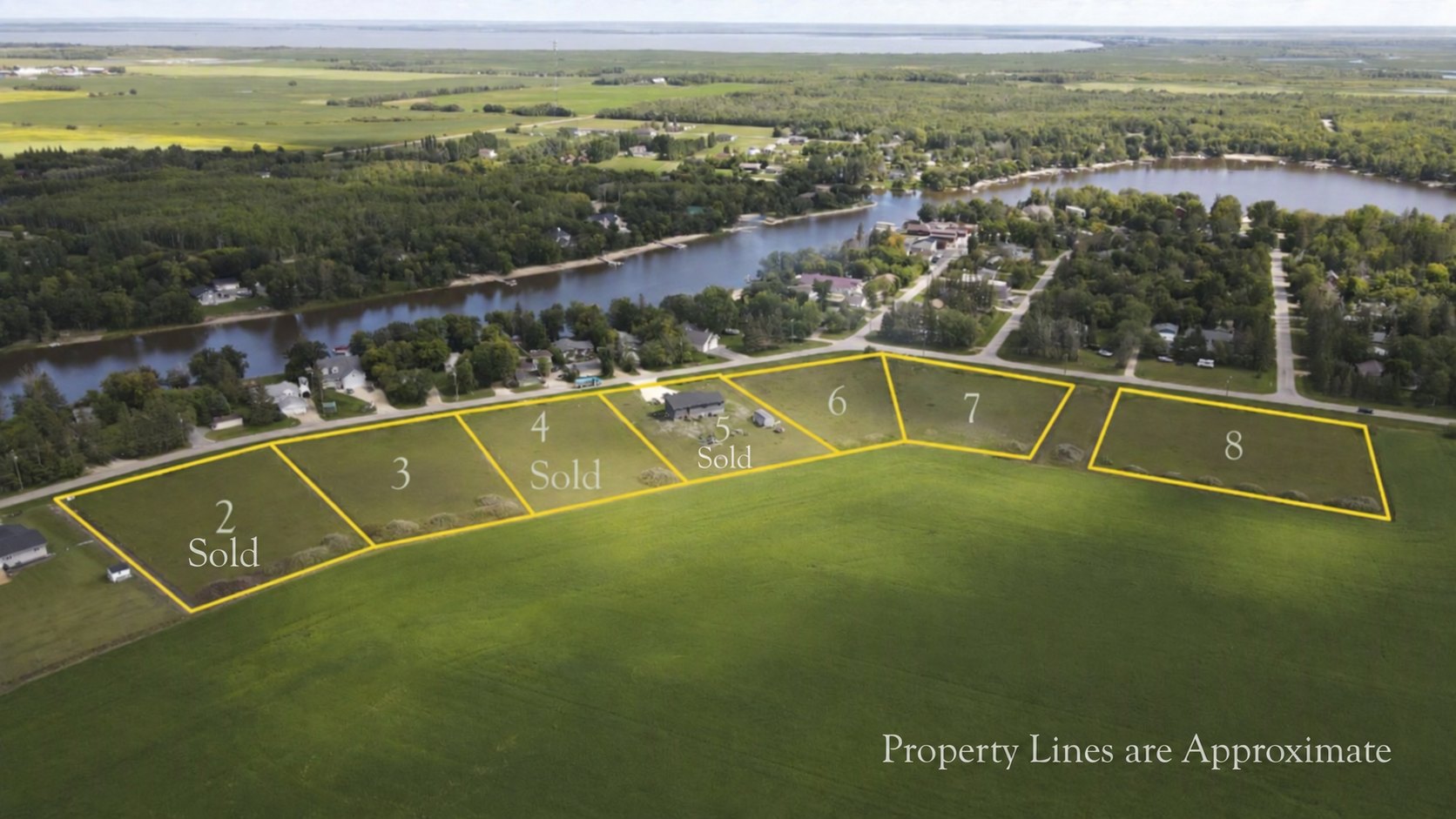 Aerial view of Palmer Road with the phase two lot boundaries outlined and numbered, showing lots 2, 4 and 5 sold and lots 3, 6, 7 and 8 available